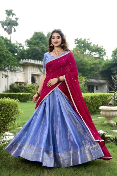 Blue Kanchipuram Saree Lehenga Choli Set with Zari Weawing Work Half Saree Lehenga