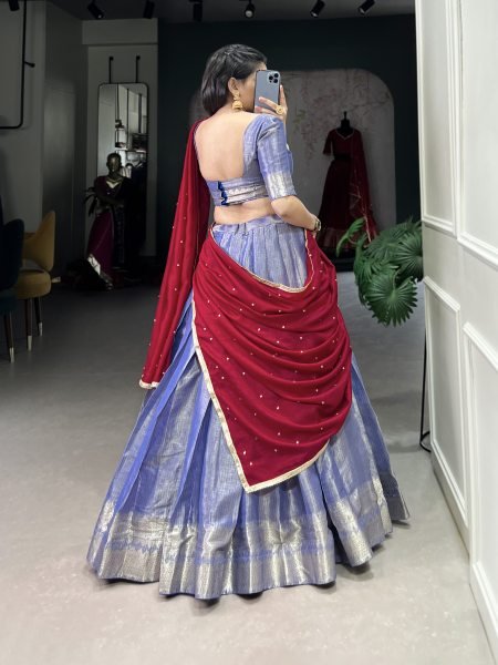 Blue Kanchipuram Saree Lehenga Choli Set with Zari Weawing Work Half Saree Lehenga