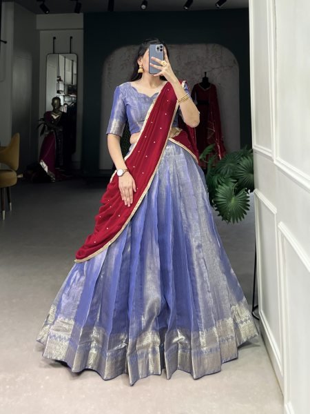 Blue Kanchipuram Saree Lehenga Choli Set with Zari Weawing Work Half Saree Lehenga