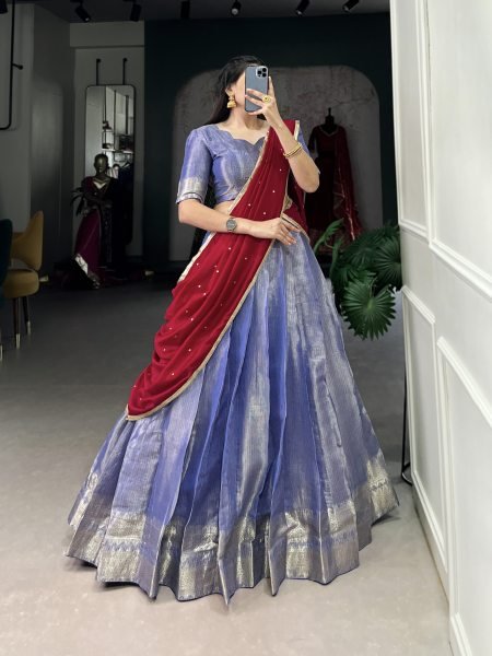 Blue Kanchipuram Saree Lehenga Choli Set with Zari Weawing Work Half Saree Lehenga