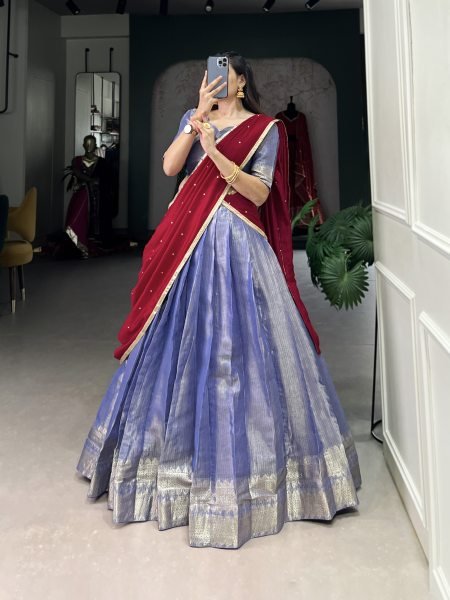 Blue Kanchipuram Saree Lehenga Choli Set with Zari Weawing Work Half Saree Lehenga