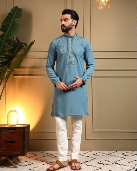 Blue Kurta With Heavy Embroidery And Sequins Work Paired With White Trousers Kurta Pajama Wholesale