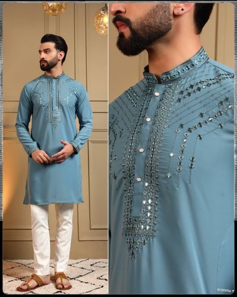 Blue Kurta With Heavy Embroidery And Sequins Work Paired With White Trousers Kurta Pajama Wholesale