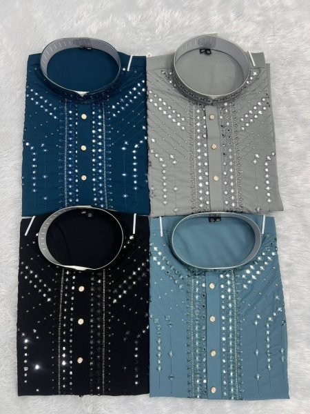 Blue Kurta With Heavy Embroidery And Sequins Work Paired With White Trousers Kurta Pajama Wholesale