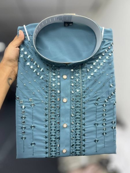 Blue Kurta With Heavy Embroidery And Sequins Work Paired With White Trousers Kurta Pajama Wholesale
