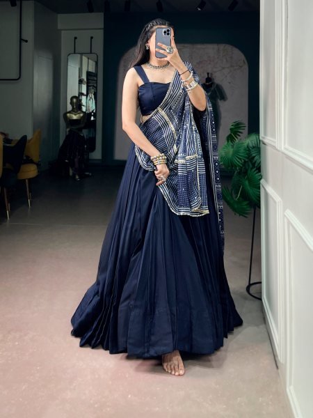 Captivating Blue Moonga Silk Lehenga Choli with Printed Satin Dupatta and Mirror Lace Navratri Lehnega Choli