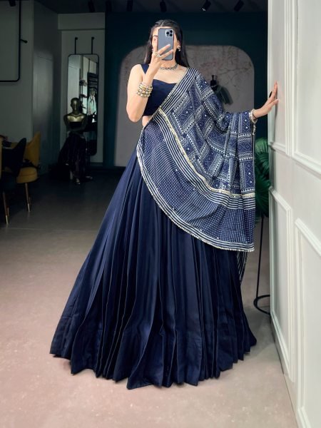 Captivating Blue Moonga Silk Lehenga Choli with Printed Satin Dupatta and Mirror Lace Navratri Lehnega Choli