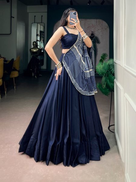 Captivating Blue Moonga Silk Lehenga Choli with Printed Satin Dupatta and Mirror Lace Navratri Lehnega Choli