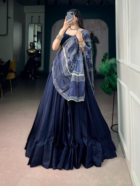 Captivating Blue Moonga Silk Lehenga Choli with Printed Satin Dupatta and Mirror Lace Navratri Lehnega Choli