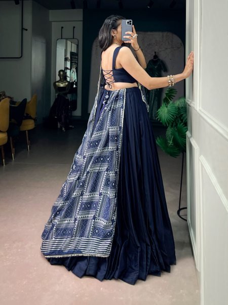 Captivating Blue Moonga Silk Lehenga Choli with Printed Satin Dupatta and Mirror Lace Navratri Lehnega Choli