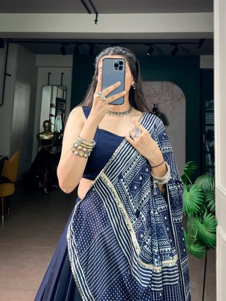 Captivating Blue Moonga Silk Lehenga Choli with Printed Satin Dupatta and Mirror Lace Navratri Lehnega Choli