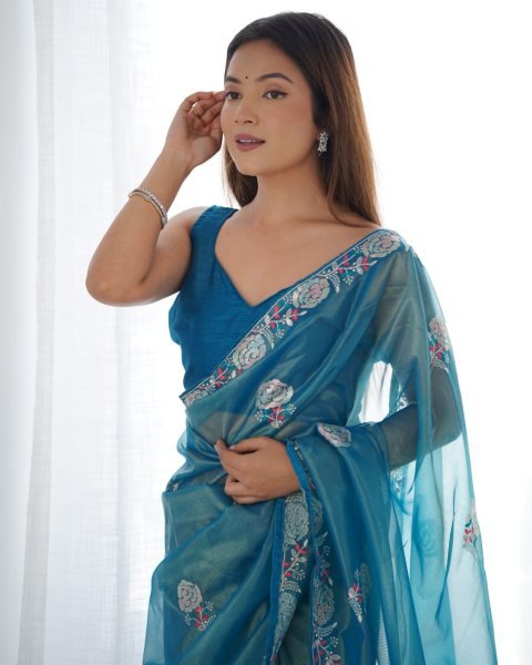 Blue Net Saree with Thread & Sequin Embroidery Event Wear Party Collection from Surat-Based Supplier Embroidery Sarees Wholesale