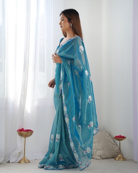 Blue Net Saree with Thread & Sequin Embroidery Event Wear Party Collection from Surat-Based Supplier Embroidery Sarees Wholesale