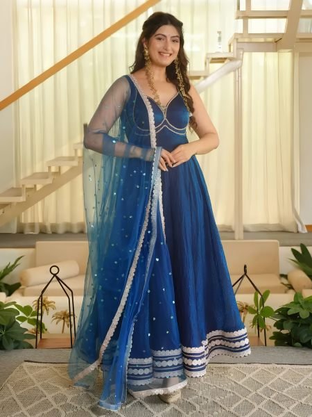 Blue Party Wear Fendy Silk Gown with Padded Bust  Pant and Net Dupatta at Factory Price Ready To Wear Suit