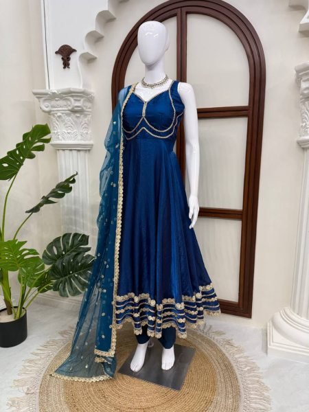 Blue Party Wear Fendy Silk Gown with Padded Bust  Pant and Net Dupatta at Factory Price Ready To Wear Collection