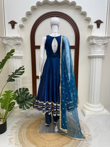 Blue Party Wear Fendy Silk Gown with Padded Bust  Pant and Net Dupatta at Factory Price Ready To Wear Collection