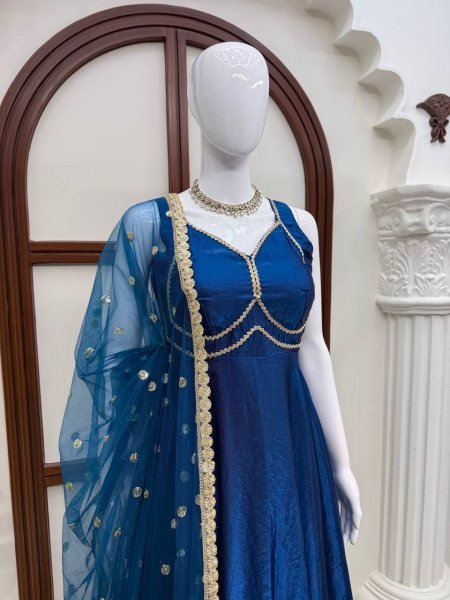 Blue Party Wear Fendy Silk Gown with Padded Bust  Pant and Net Dupatta at Factory Price Ready To Wear Collection