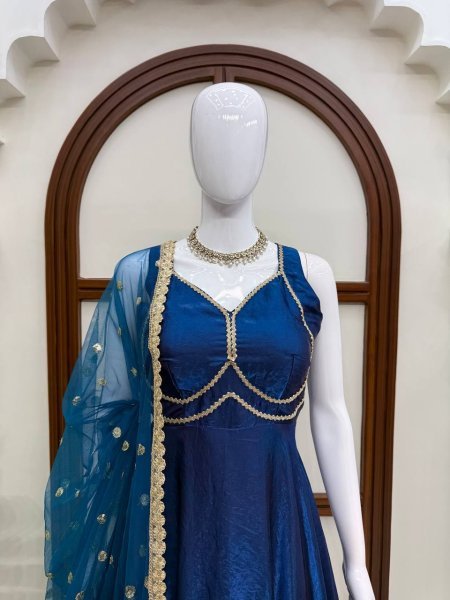 Blue Party Wear Fendy Silk Gown with Padded Bust  Pant and Net Dupatta at Factory Price Ready To Wear Collection