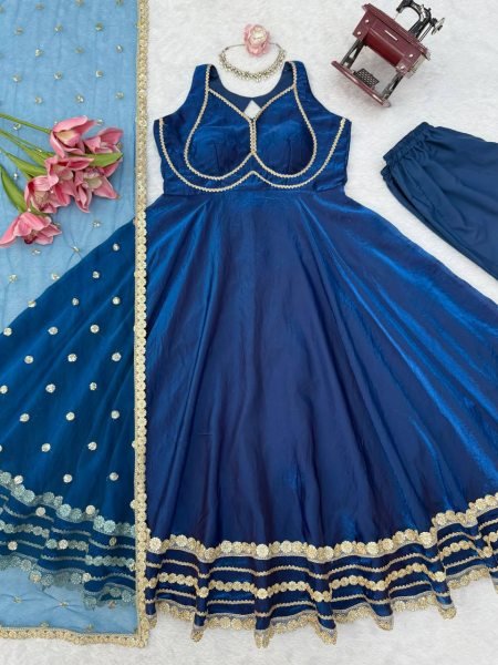 Blue Party Wear Fendy Silk Gown with Padded Bust  Pant and Net Dupatta at Factory Price Ready To Wear Collection