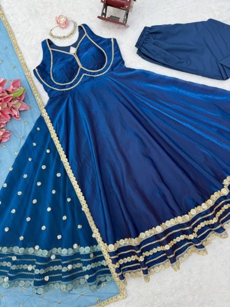 Blue Party Wear Fendy Silk Gown with Padded Bust  Pant and Net Dupatta at Factory Price Ready To Wear Collection