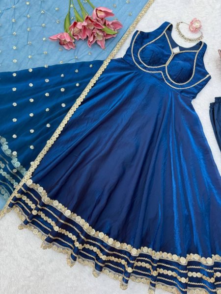 Blue Party Wear Fendy Silk Gown with Padded Bust  Pant and Net Dupatta at Factory Price Ready To Wear Collection