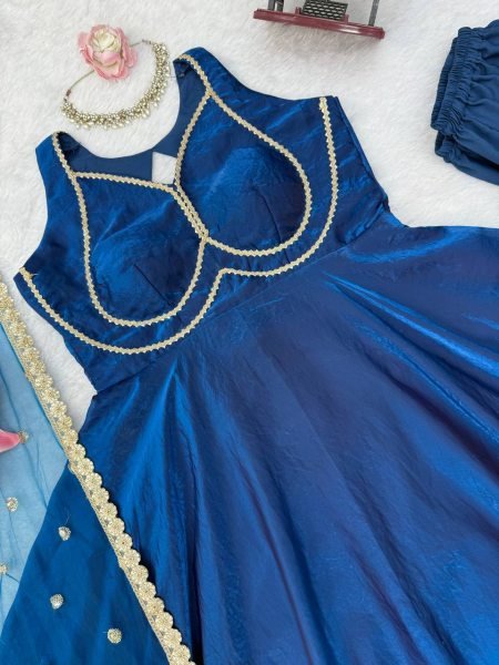 Blue Party Wear Fendy Silk Gown with Padded Bust  Pant and Net Dupatta at Factory Price Ready To Wear Collection