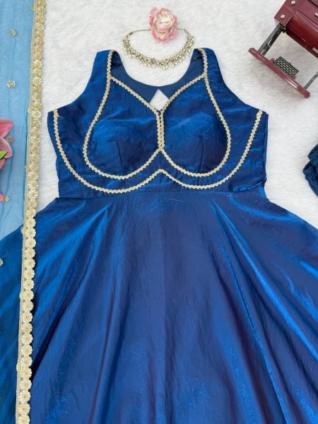 Blue Party Wear Fendy Silk Gown with Padded Bust  Pant and Net Dupatta at Factory Price Ready To Wear Collection
