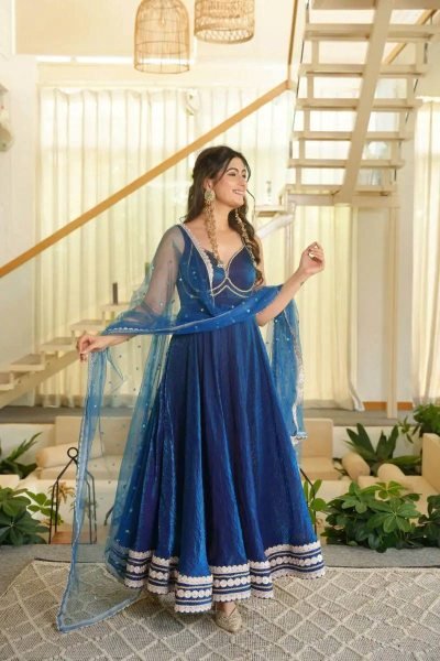 Blue Party Wear Fendy Silk Gown with Padded Bust  Pant and Net Dupatta at Factory Price Ready To Wear Collection