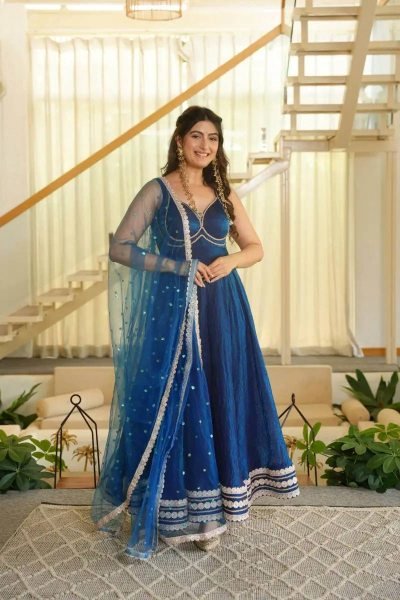 Blue Party Wear Fendy Silk Gown with Padded Bust  Pant and Net Dupatta at Factory Price Ready To Wear Collection