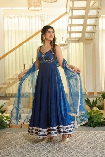 Blue Party Wear Fendy Silk Gown with Padded Bust  Pant and Net Dupatta at Factory Price Ready To Wear Collection