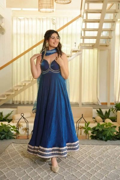 Blue Party Wear Fendy Silk Gown with Padded Bust  Pant and Net Dupatta at Factory Price Ready To Wear Collection