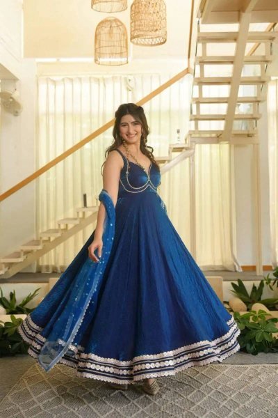 Blue Party Wear Fendy Silk Gown with Padded Bust  Pant and Net Dupatta at Factory Price Ready To Wear Collection