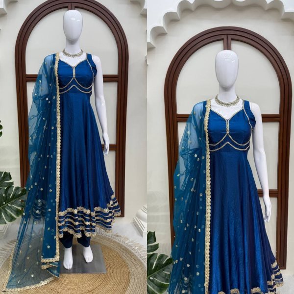 Blue Party Wear Fendy Silk Gown with Padded Bust  Pant and Net Dupatta at Factory Price Ready To Wear Collection