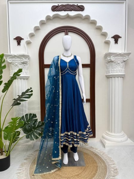 Blue Party Wear Fendy Silk Gown with Padded Bust  Pant and Net Dupatta at Factory Price Ready To Wear Collection