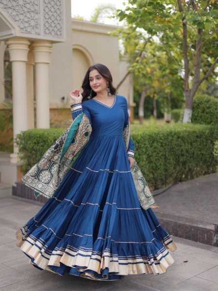 Blue Party Wear Rayon Anarkali Gown with Viscose Jacquard Dupatta For Festival Wear 