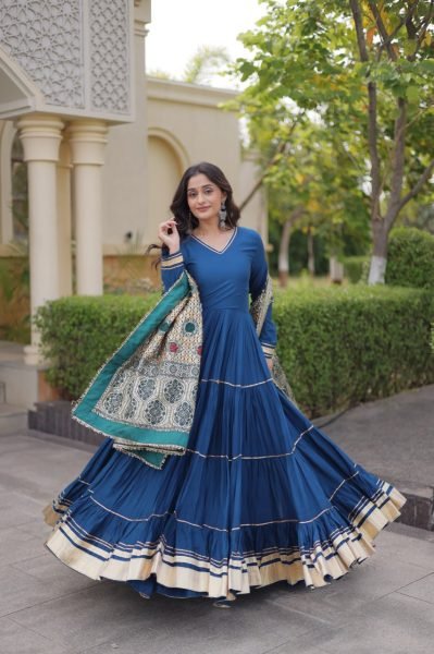 Blue Party Wear Rayon Anarkali Gown with Viscose Jacquard Dupatta For Festival Wear Ready To Wear Collection