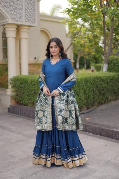 Blue Party Wear Rayon Anarkali Gown with Viscose Jacquard Dupatta For Festival Wear Ready To Wear Collection