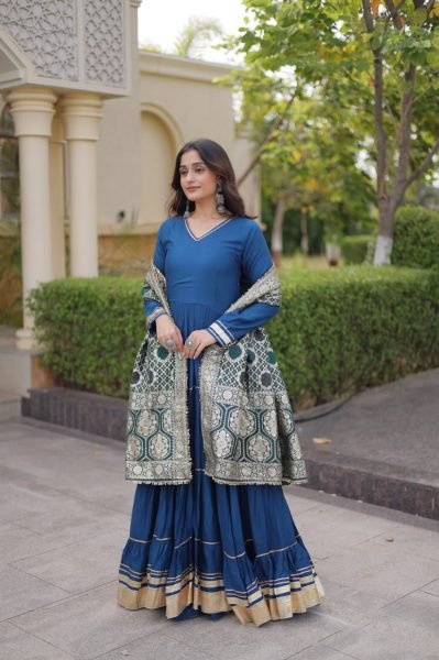 Blue Party Wear Rayon Anarkali Gown with Viscose Jacquard Dupatta For Festival Wear Ready To Wear Collection