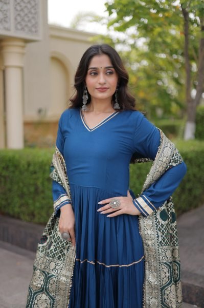 Blue Party Wear Rayon Anarkali Gown with Viscose Jacquard Dupatta For Festival Wear Ready To Wear Collection