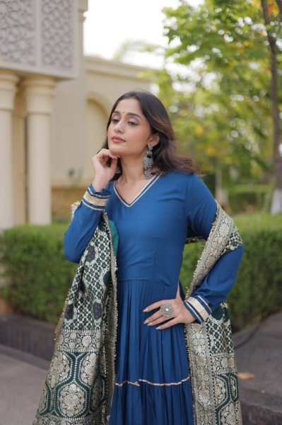 Blue Party Wear Rayon Anarkali Gown with Viscose Jacquard Dupatta For Festival Wear Ready To Wear Collection