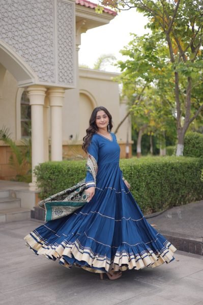 Blue Party Wear Rayon Anarkali Gown with Viscose Jacquard Dupatta For Festival Wear Ready To Wear Collection