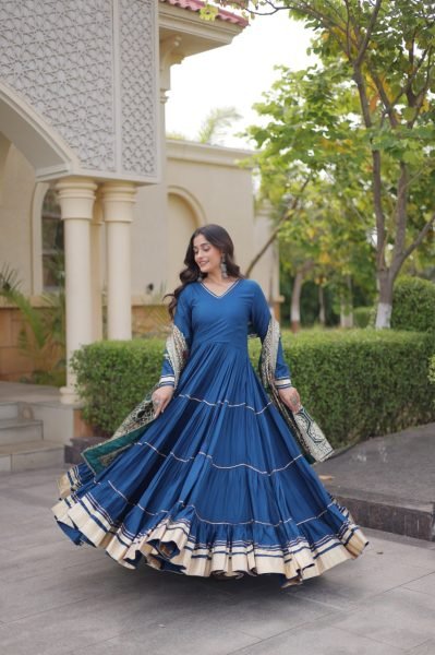 Blue Party Wear Rayon Anarkali Gown with Viscose Jacquard Dupatta For Festival Wear Ready To Wear Collection