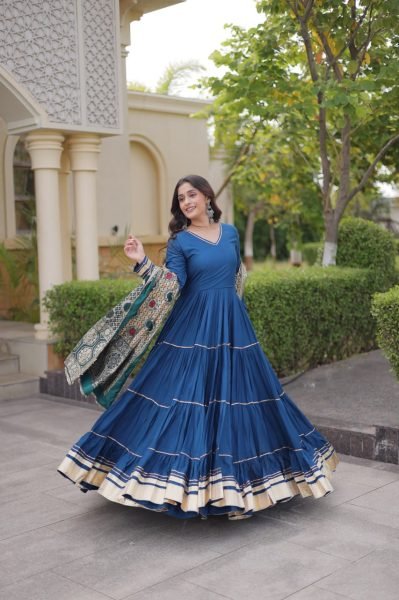 Blue Party Wear Rayon Anarkali Gown with Viscose Jacquard Dupatta For Festival Wear Ready To Wear Collection