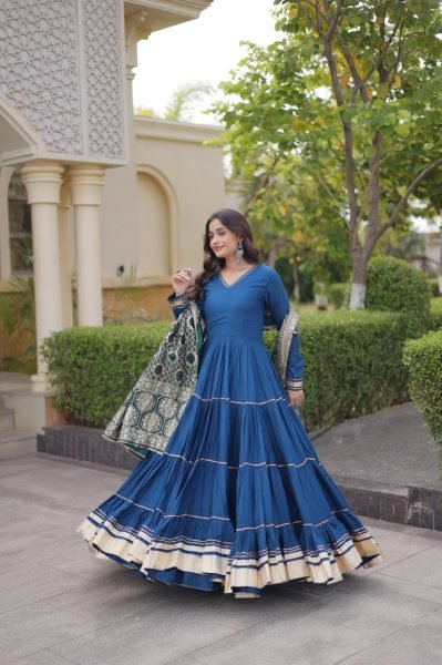 Blue Party Wear Rayon Anarkali Gown with Viscose Jacquard Dupatta For Festival Wear Ready To Wear Collection