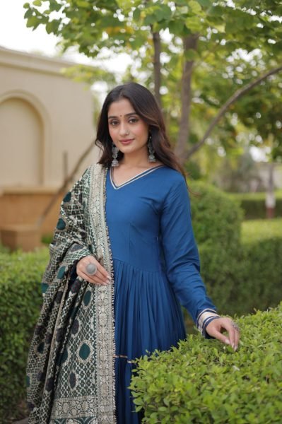 Blue Party Wear Rayon Anarkali Gown with Viscose Jacquard Dupatta For Festival Wear Ready To Wear Collection