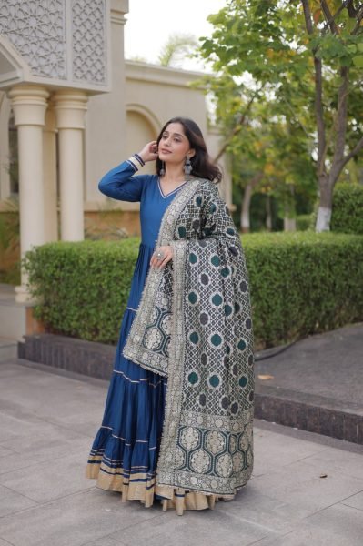Blue Party Wear Rayon Anarkali Gown with Viscose Jacquard Dupatta For Festival Wear Ready To Wear Collection