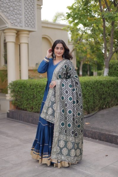Blue Party Wear Rayon Anarkali Gown with Viscose Jacquard Dupatta For Festival Wear Ready To Wear Collection