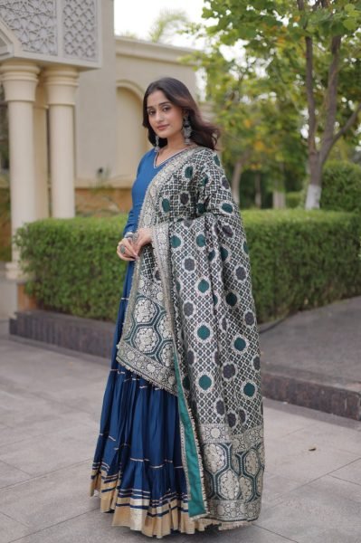 Blue Party Wear Rayon Anarkali Gown with Viscose Jacquard Dupatta For Festival Wear Ready To Wear Collection