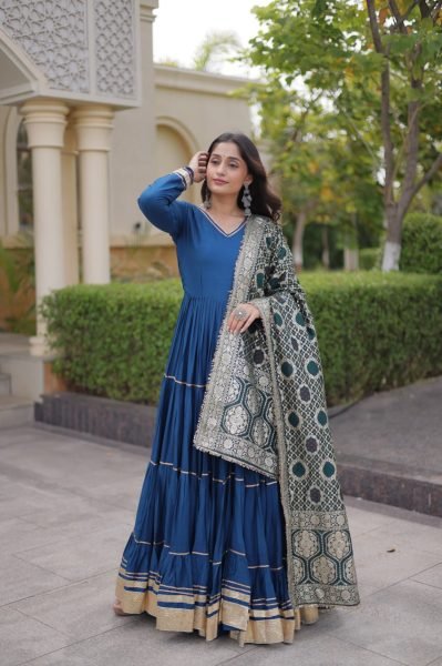 Blue Party Wear Rayon Anarkali Gown with Viscose Jacquard Dupatta For Festival Wear Ready To Wear Collection