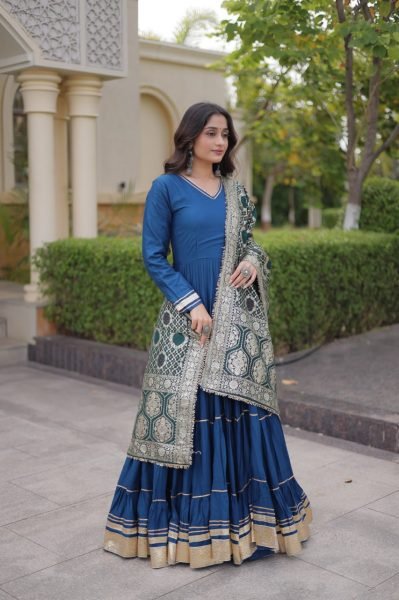 Blue Party Wear Rayon Anarkali Gown with Viscose Jacquard Dupatta For Festival Wear Ready To Wear Collection
